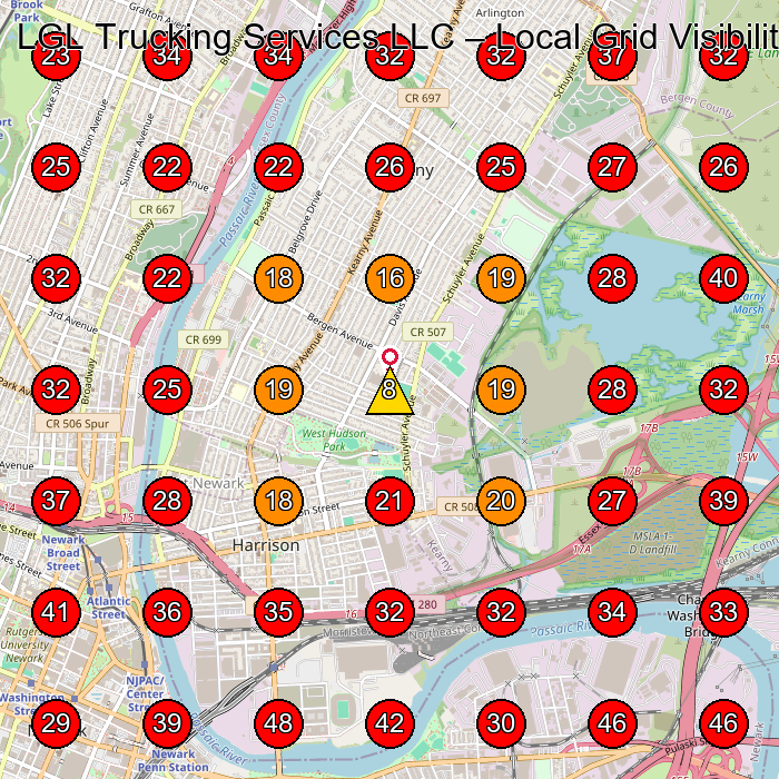 LGL Trucking Services LLC GeoGrid visibility map for Trucking Company in Kearny